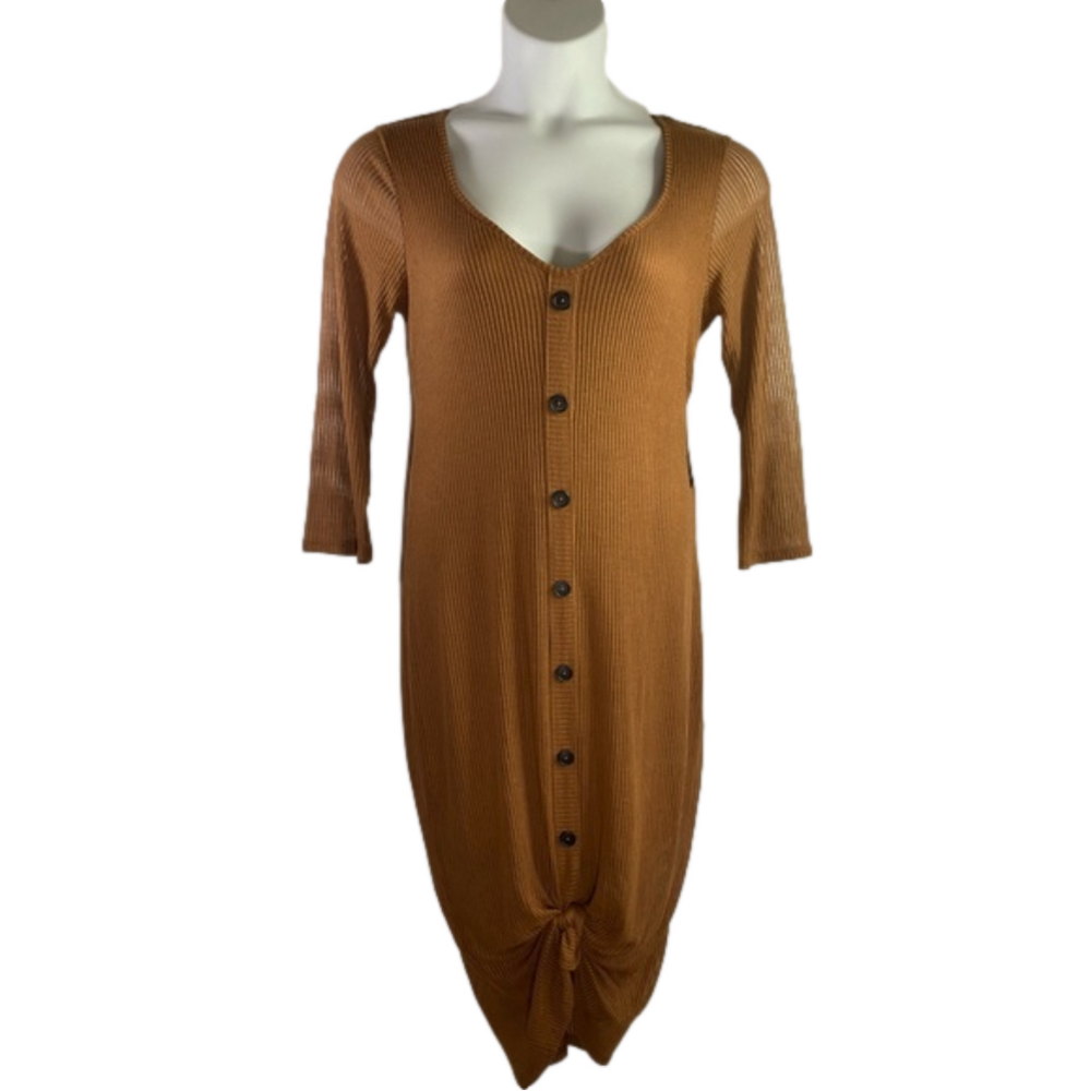 Express Faux Brown Button Down Ribbed Knit Midi Cardigan Dress SKU0199 - Picture 1 of 9